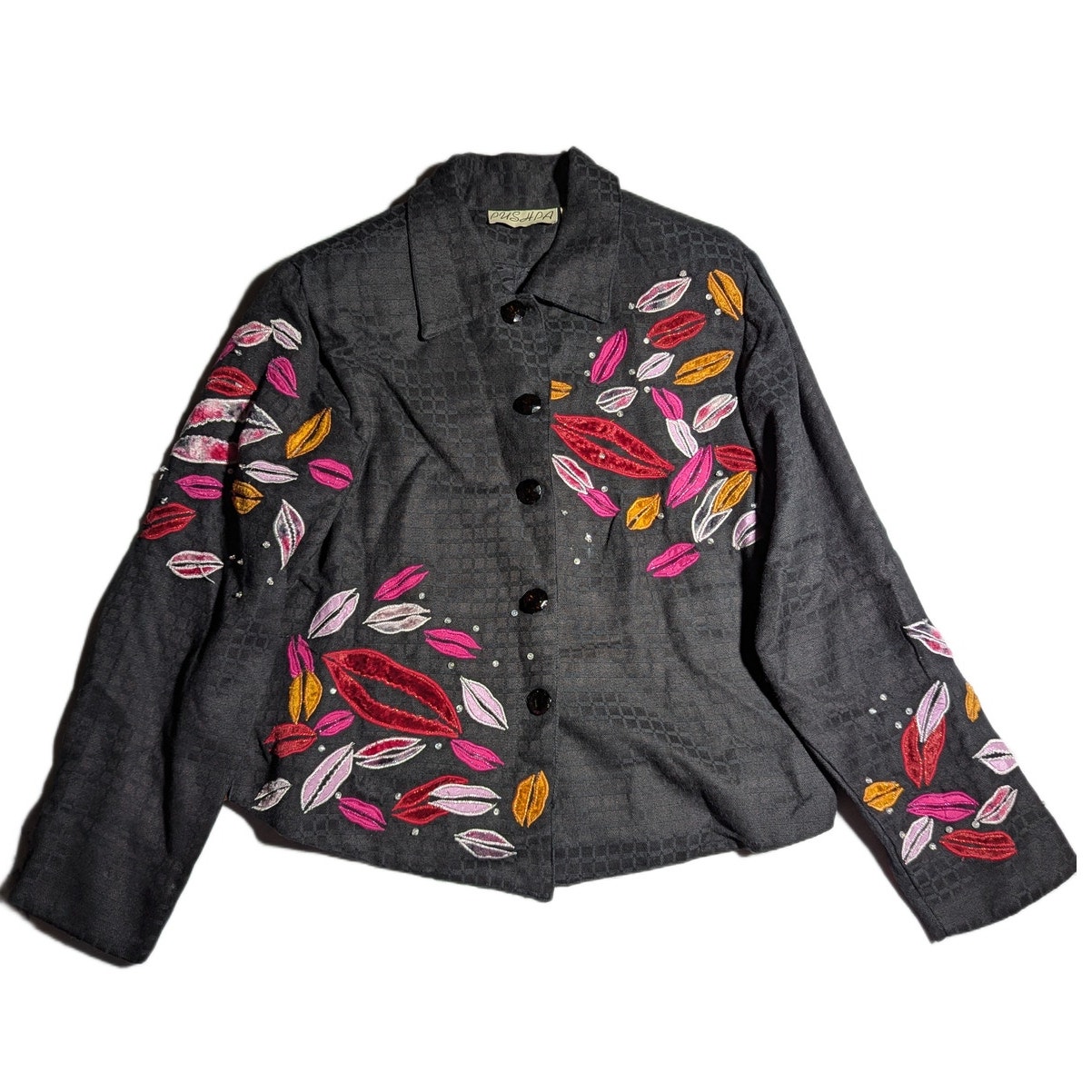 Vtg Y2k Pushpa Black Red Pink Velvet Lip Applique Button Up Blazer Jacket Sz S